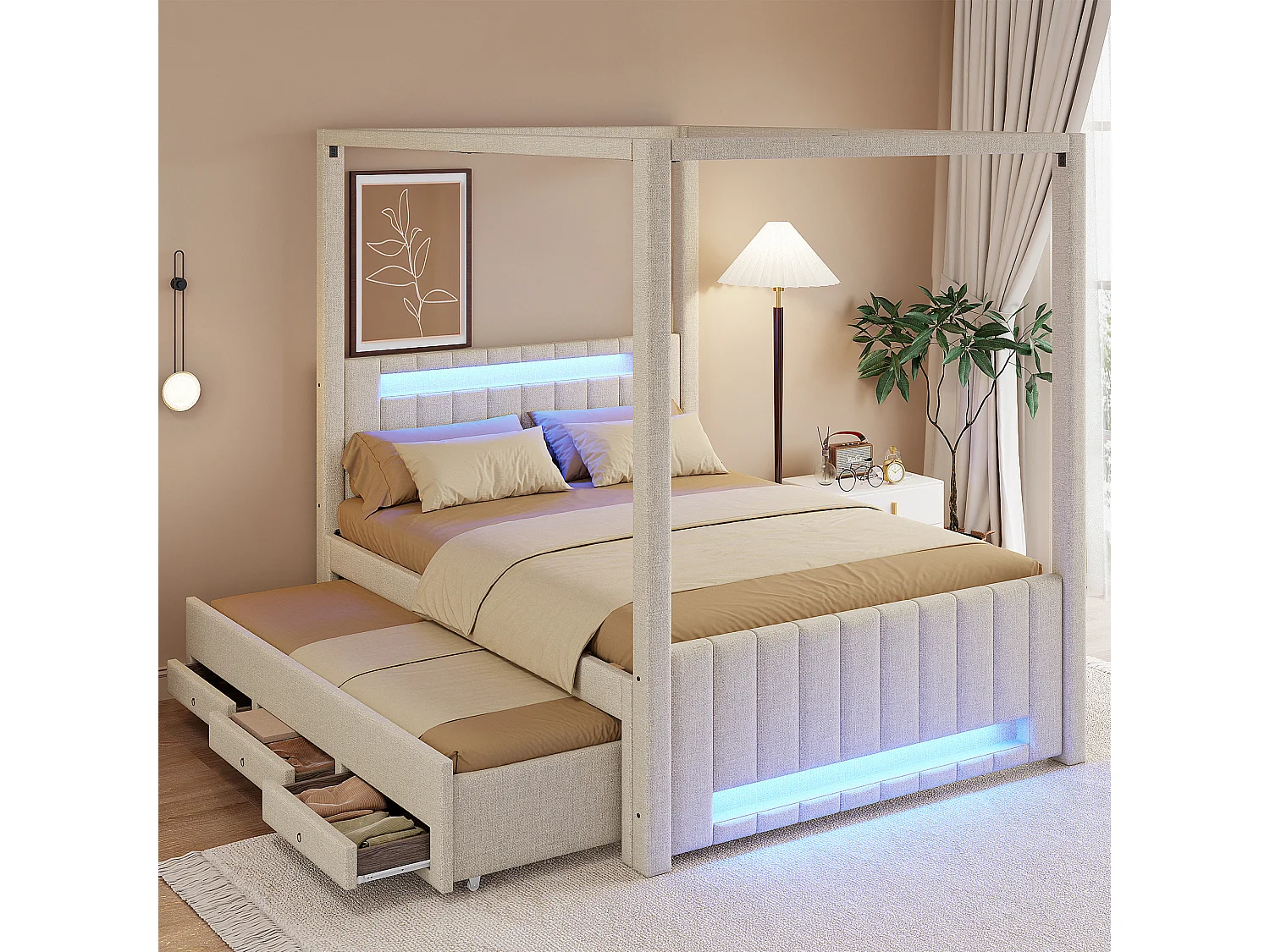 Lit capitonné à baldaquin - 140 x 200 cm - avec lit gigogne 90 x 190 cm + 3 tiroirs + Leds - lin + MDF - beige