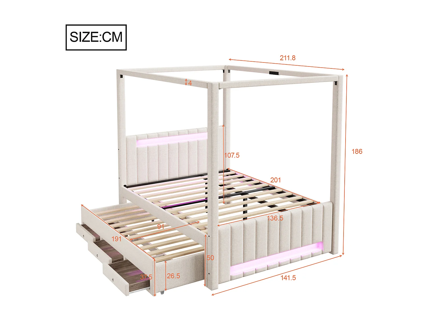 Lit capitonné à baldaquin - 140 x 200 cm - avec lit gigogne 90 x 190 cm + 3 tiroirs + Leds - lin + MDF - beige