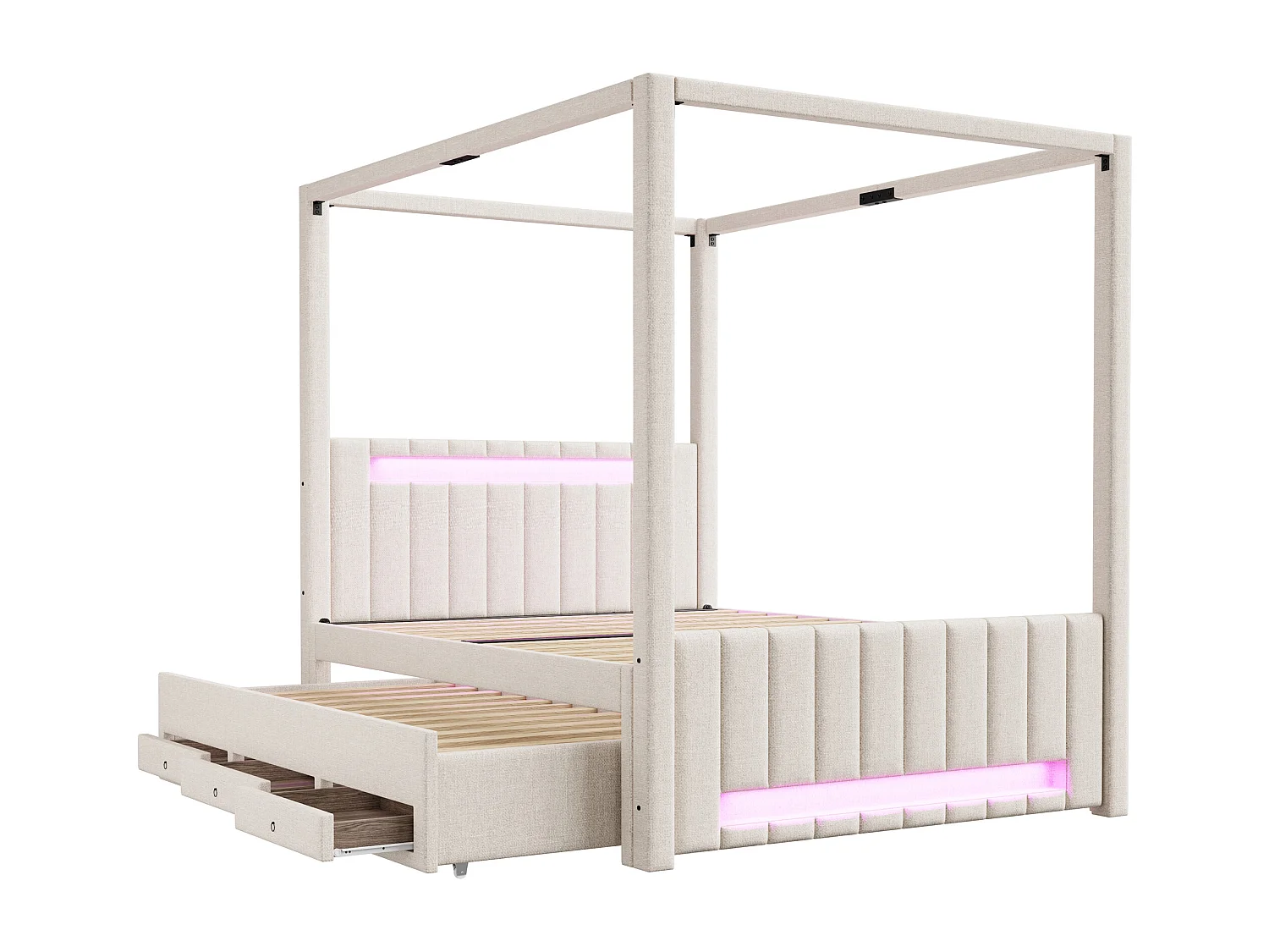 Lit capitonné à baldaquin - 140 x 200 cm - avec lit gigogne 90 x 190 cm + 3 tiroirs + Leds - lin + MDF - beige