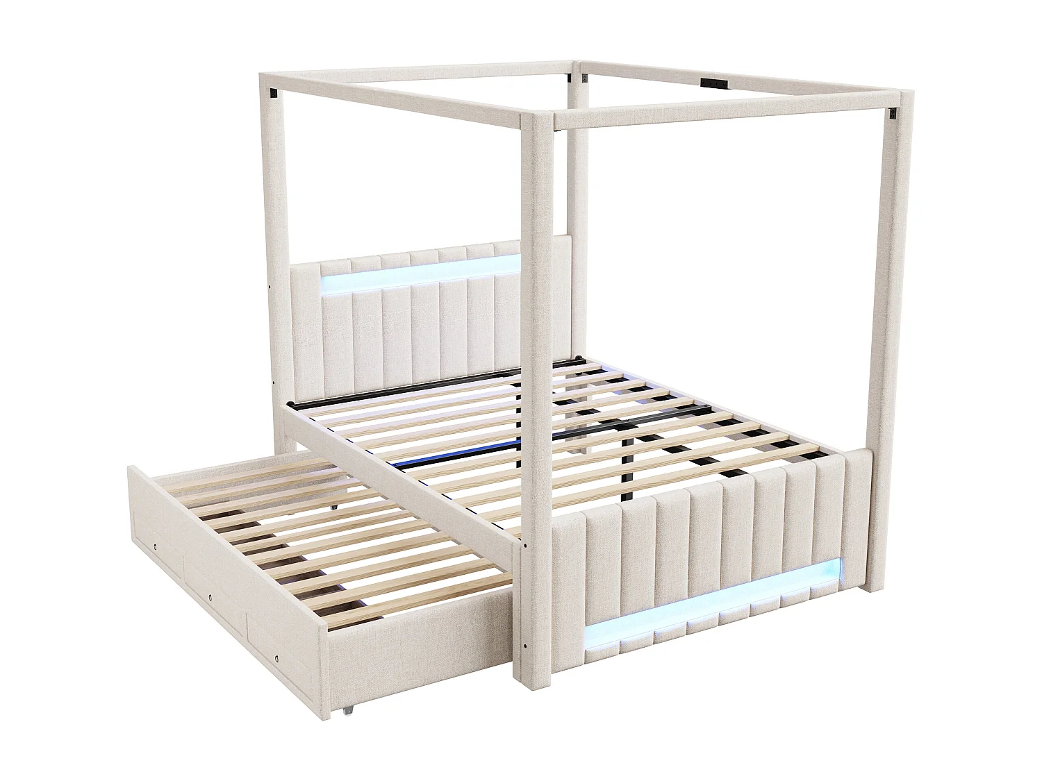 Lit capitonné à baldaquin - 140 x 200 cm - avec lit gigogne 90 x 190 cm + 3 tiroirs + Leds - lin + MDF - beige
