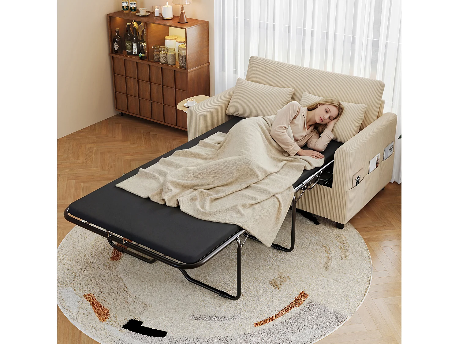 Canapé convertible extensible - 134 x 82 x 84 cm - avec USB + table pliante +  matelas + 2 draps et 2 oreillers - velours - beige