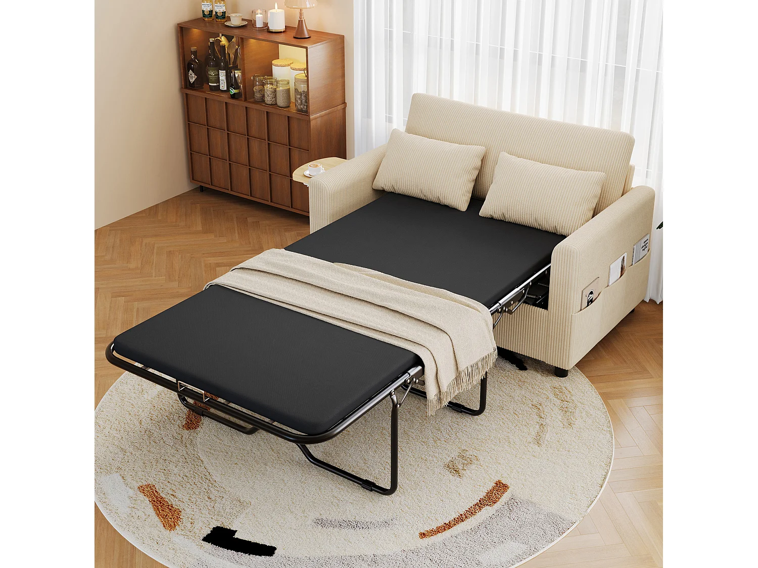 Canapé convertible extensible - 134 x 82 x 84 cm - avec USB + table pliante +  matelas + 2 draps et 2 oreillers - velours - beige