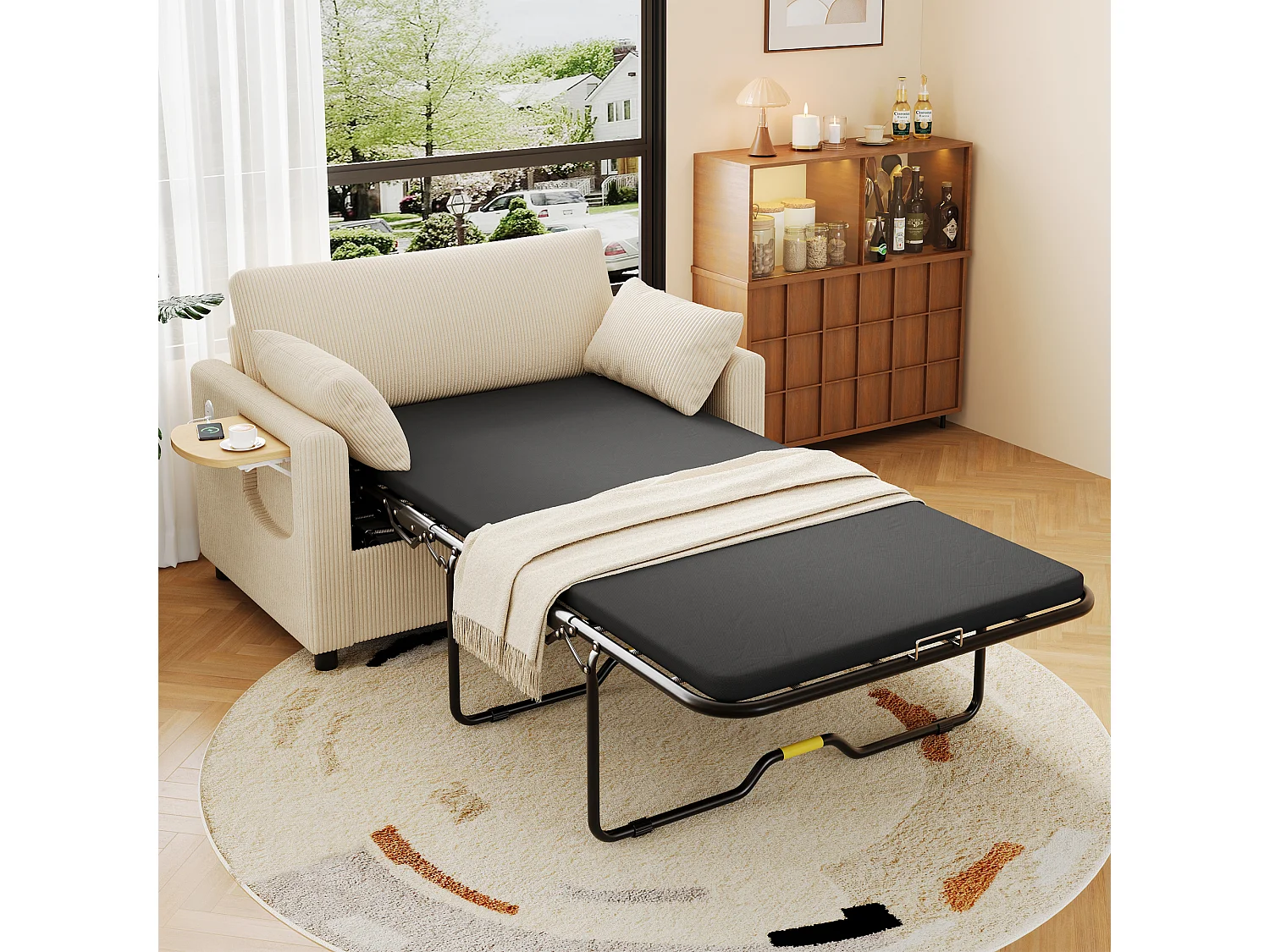 Canapé convertible extensible - 134 x 82 x 84 cm - avec USB + table pliante +  matelas + 2 draps et 2 oreillers - velours - beige