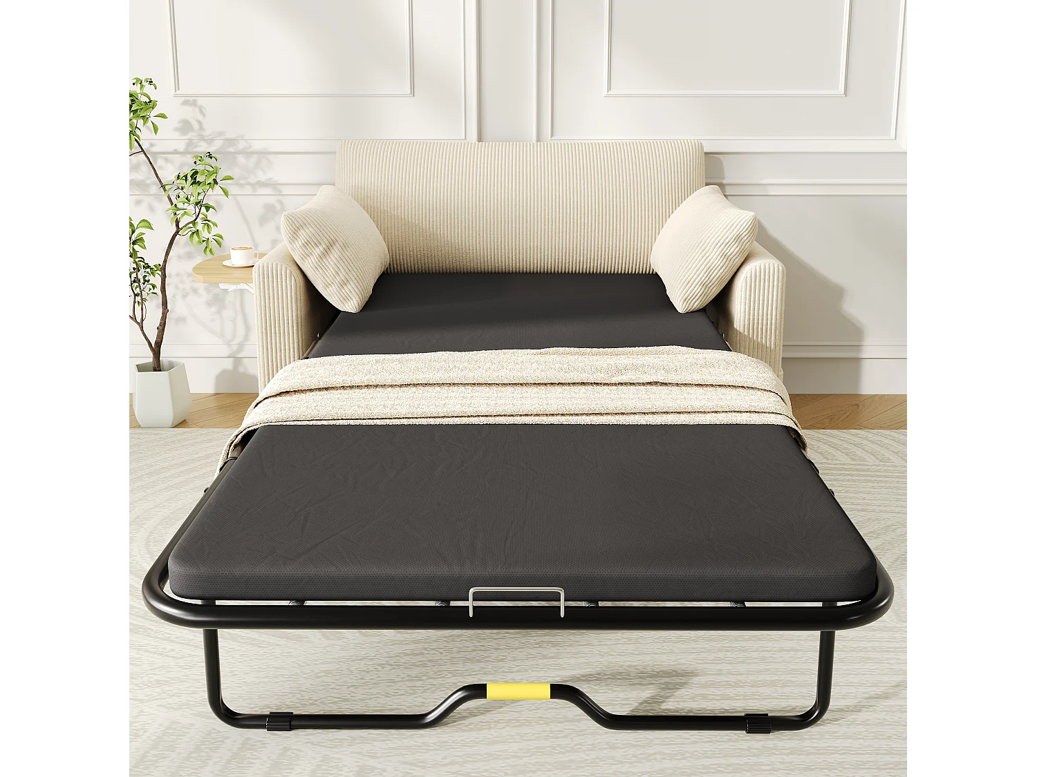 Canapé convertible extensible - 134 x 82 x 84 cm - avec USB + table pliante +  matelas + 2 draps et 2 oreillers - velours - beige