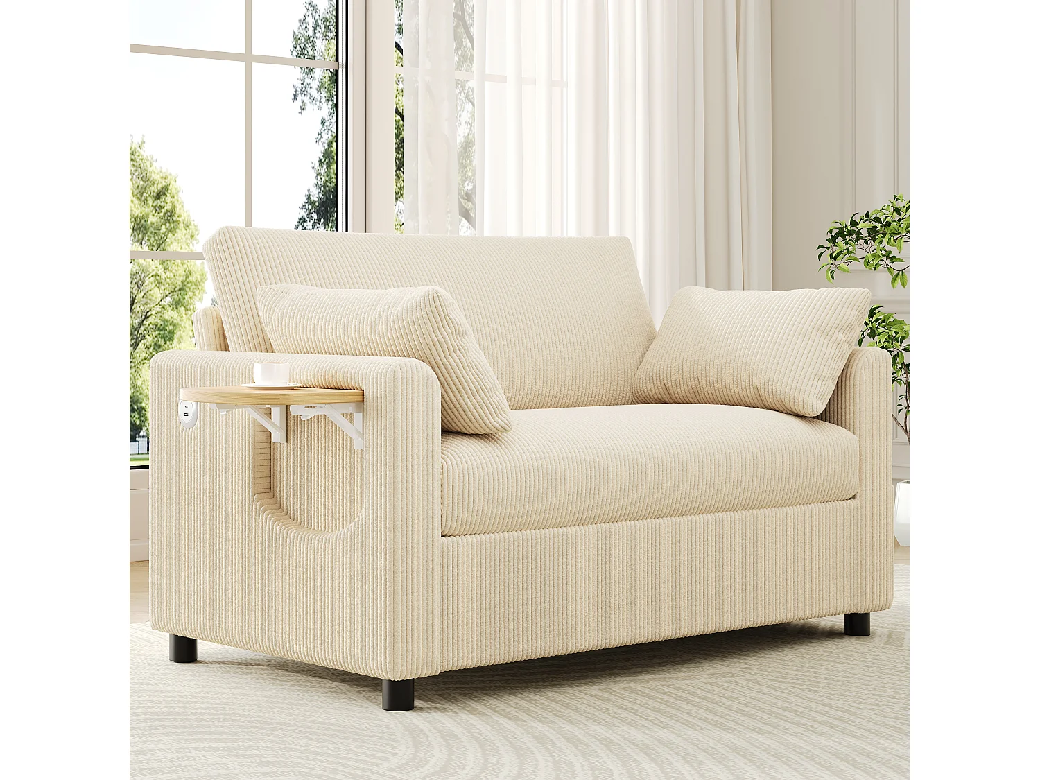 Canapé convertible extensible - 134 x 82 x 84 cm - avec USB + table pliante +  matelas + 2 draps et 2 oreillers - velours - beige