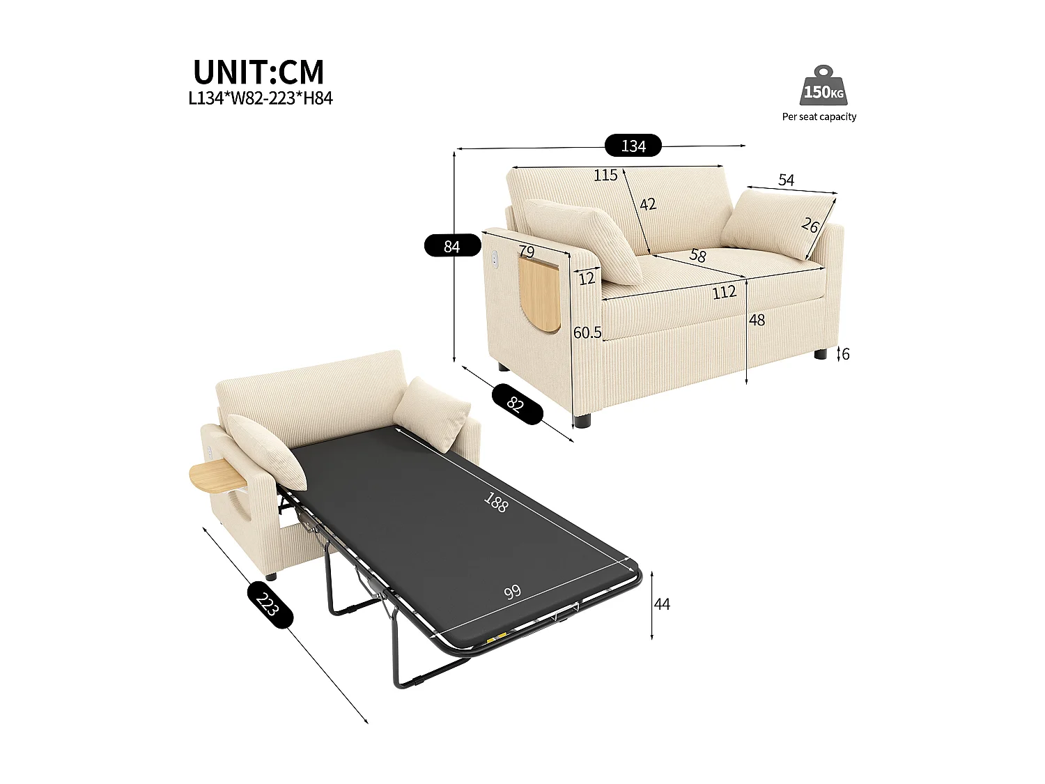 Canapé convertible extensible - 134 x 82 x 84 cm - avec USB + table pliante +  matelas + 2 draps et 2 oreillers - velours - beige