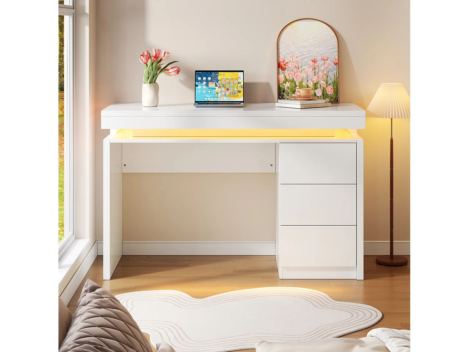 Moderner Schreibtisch – 120 x 50 x 78,5 cm – mit 3 Schubladen + LED-Beleuchtung – MDF – weiß