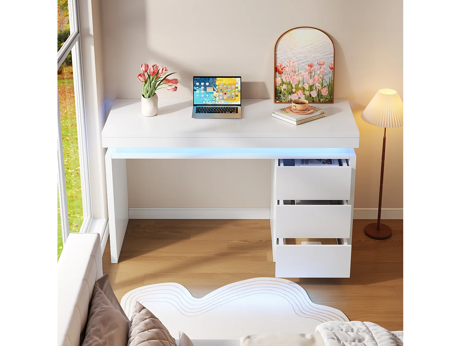 Moderner Schreibtisch – 120 x 50 x 78,5 cm – mit 3 Schubladen + LED-Beleuchtung – MDF – weiß