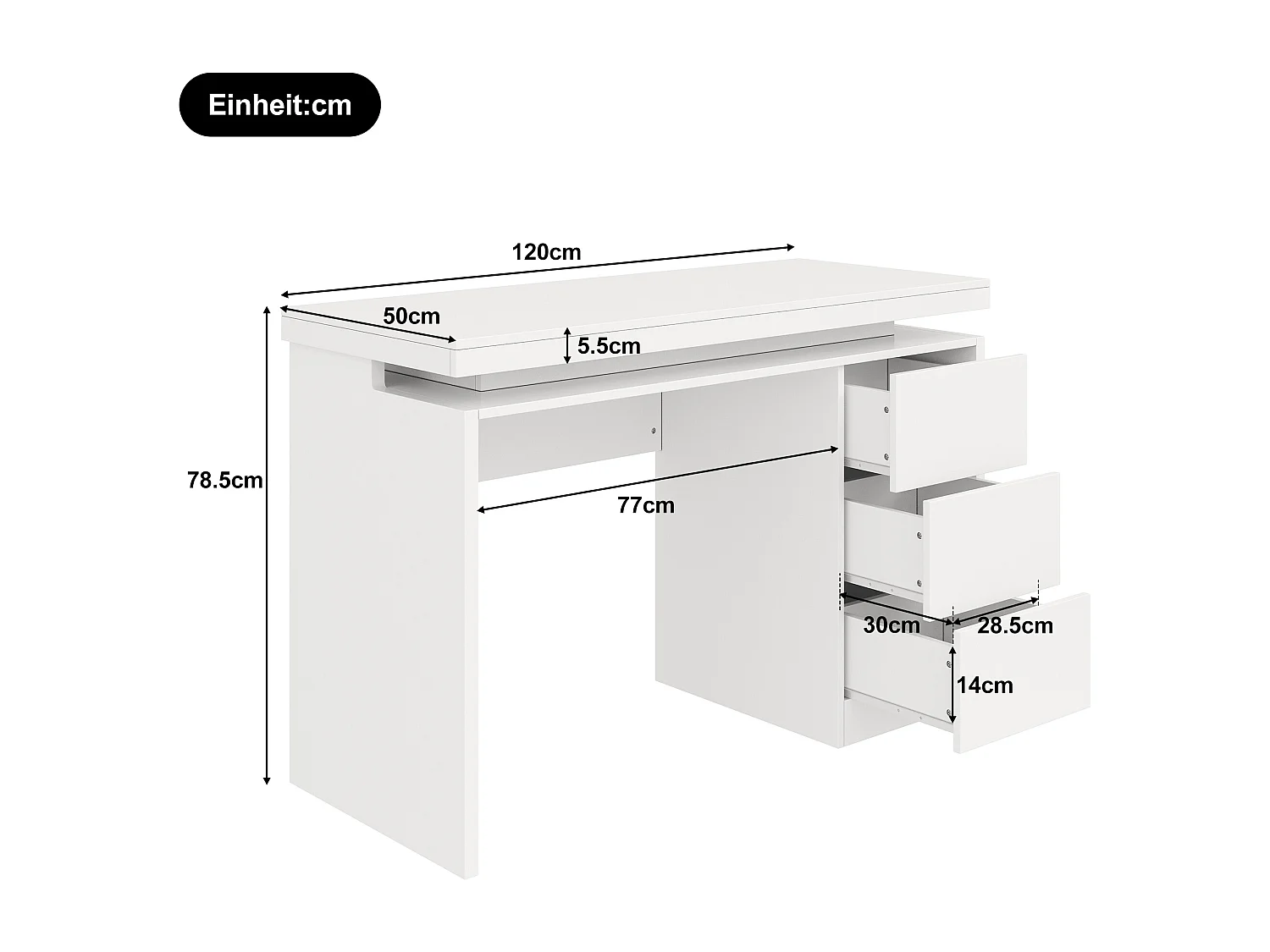 Moderner Schreibtisch – 120 x 50 x 78,5 cm – mit 3 Schubladen + LED-Beleuchtung – MDF – weiß