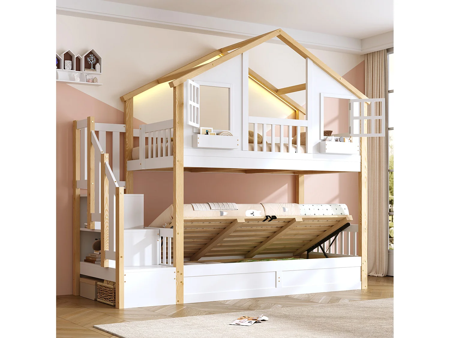 Beliche Enfamt - 2 x 90 x 200 cm - com cama hidráulica + LEDs + escada de arrumação - madeira - branco e natural