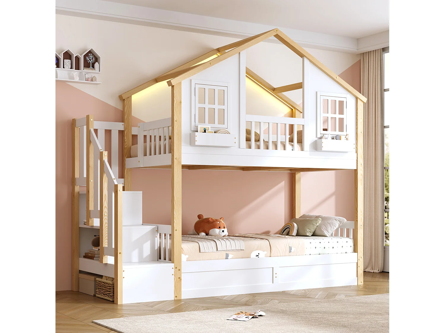 Beliche Enfamt - 2 x 90 x 200 cm - com cama hidráulica + LEDs + escada de arrumação - madeira - branco e natural