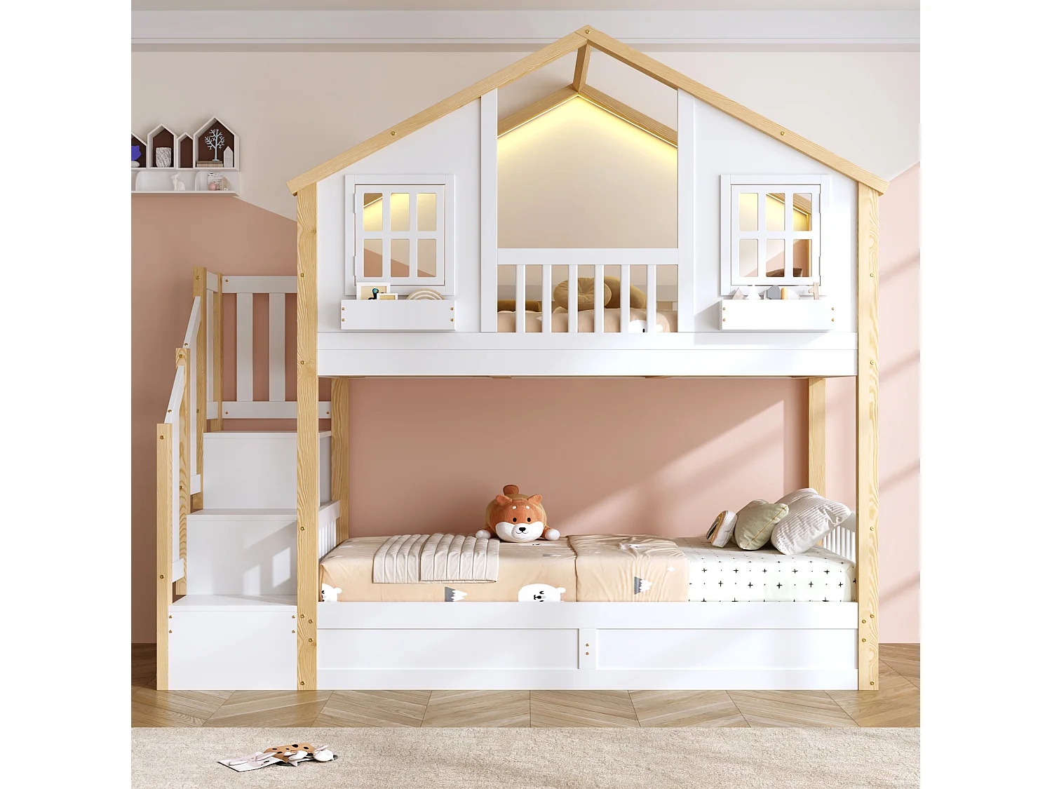 Beliche Enfamt - 2 x 90 x 200 cm - com cama hidráulica + LEDs + escada de arrumação - madeira - branco e natural