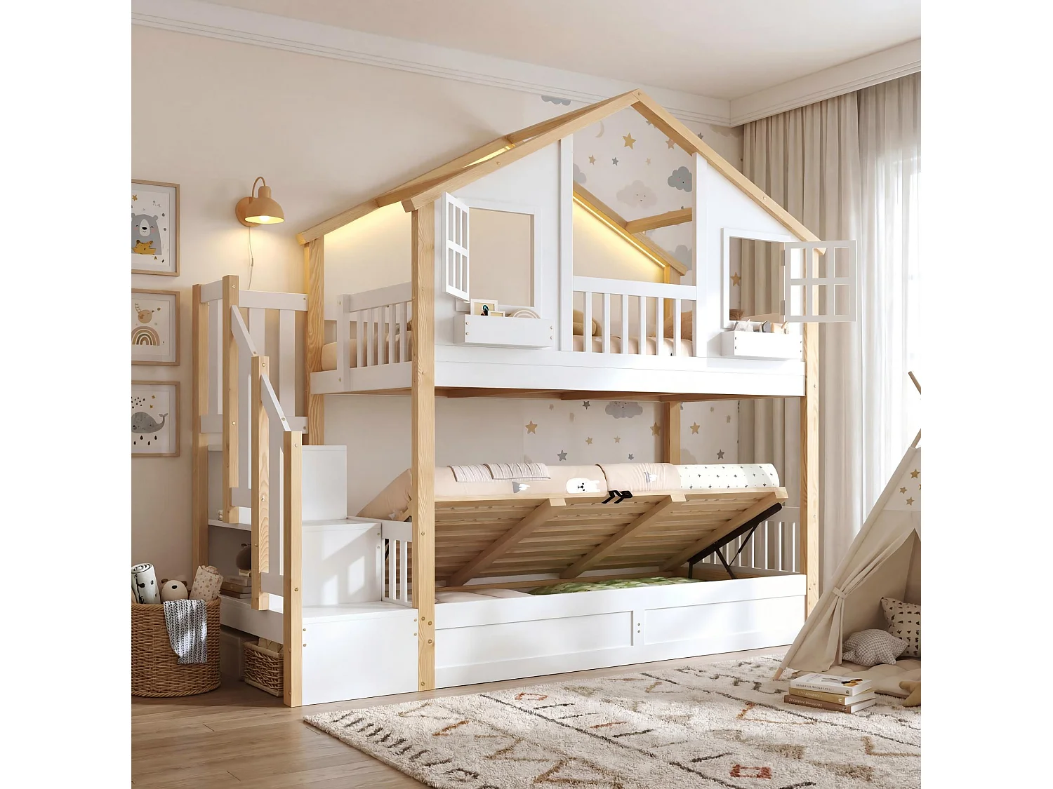 Beliche Enfamt - 2 x 90 x 200 cm - com cama hidráulica + LEDs + escada de arrumação - madeira - branco e natural