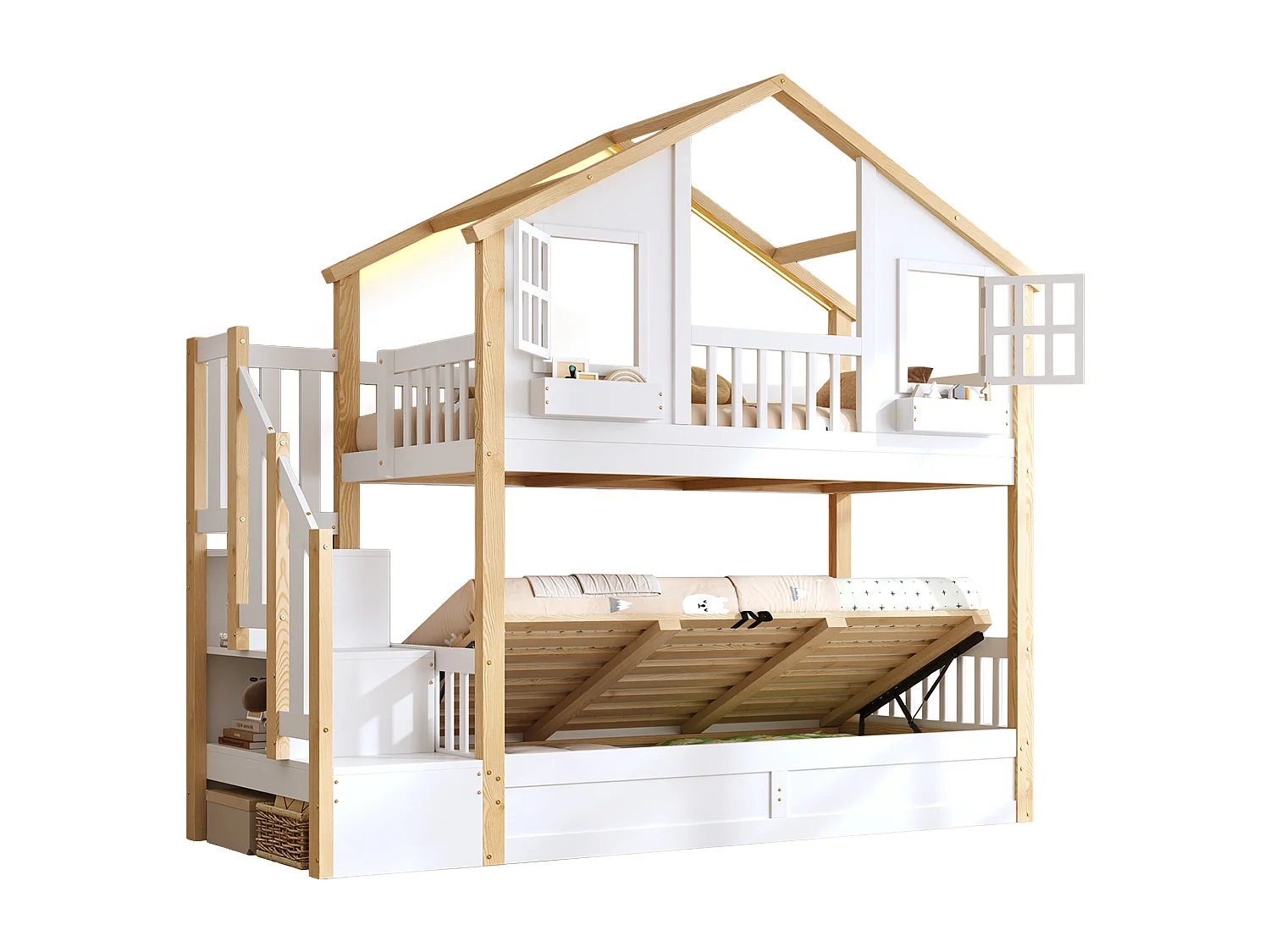 Beliche Enfamt - 2 x 90 x 200 cm - com cama hidráulica + LEDs + escada de arrumação - madeira - branco e natural