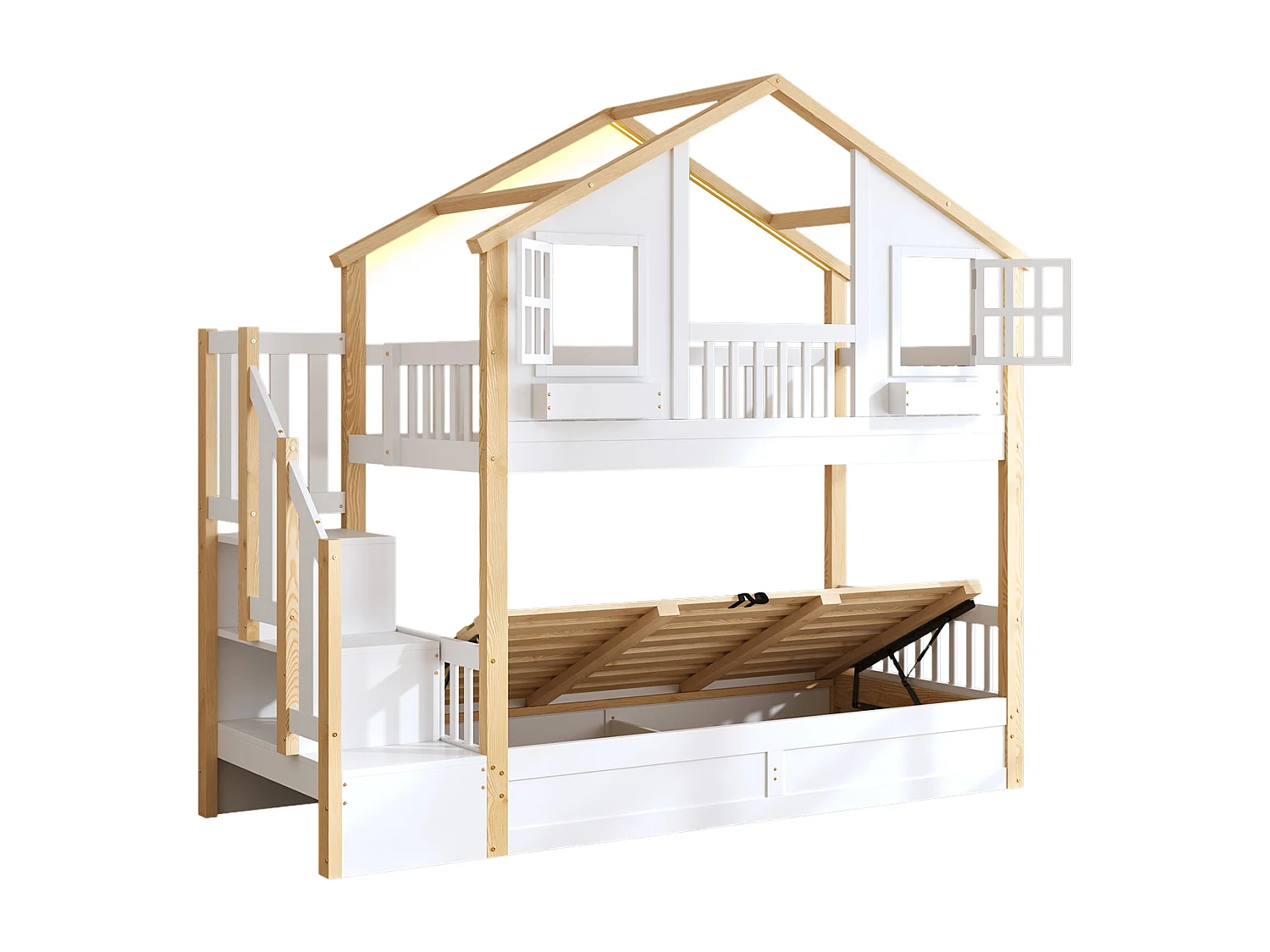 Beliche Enfamt - 2 x 90 x 200 cm - com cama hidráulica + LEDs + escada de arrumação - madeira - branco e natural