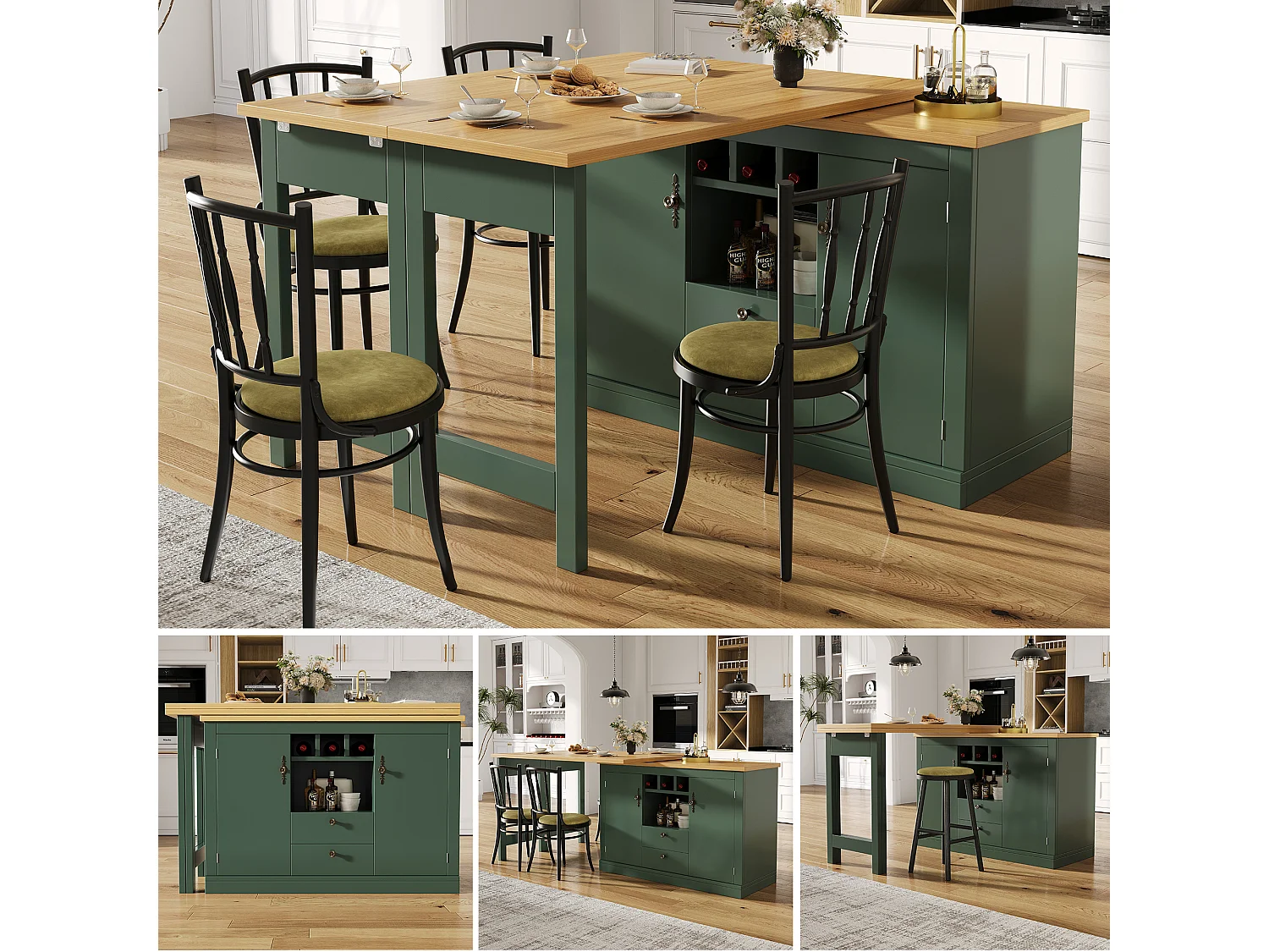 Uitschuifbare bartafel - 120/180 x 76 cm - met LED-verlichting + 2 deuren + 2 lades - 360° draaibaar - MDF - groen