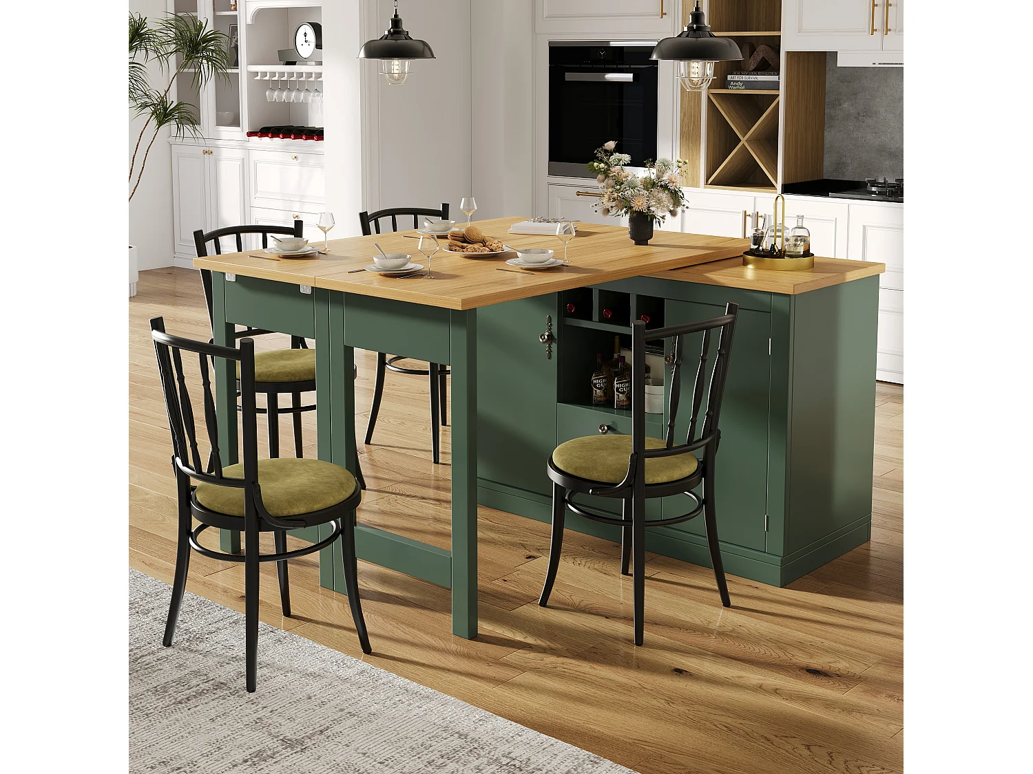 Uitschuifbare bartafel - 120/180 x 76 cm - met LED-verlichting + 2 deuren + 2 lades - 360° draaibaar - MDF - groen