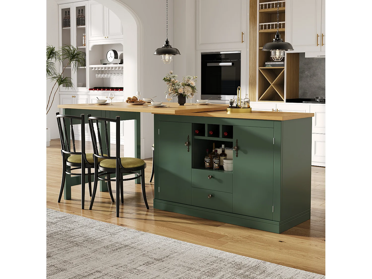 Uitschuifbare bartafel - 120/180 x 76 cm - met LED-verlichting + 2 deuren + 2 lades - 360° draaibaar - MDF - groen