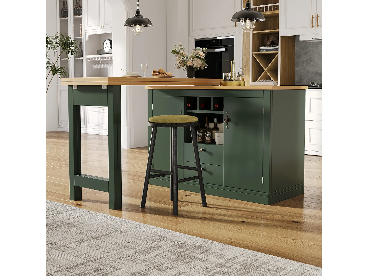 Uitschuifbare bartafel - 120/180 x 76 cm - met LED-verlichting + 2 deuren + 2 lades - 360° draaibaar - MDF - groen