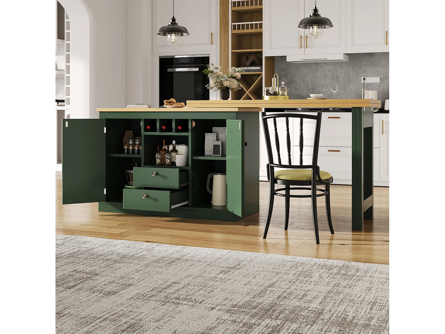 Uitschuifbare bartafel - 120/180 x 76 cm - met LED-verlichting + 2 deuren + 2 lades - 360° draaibaar - MDF - groen