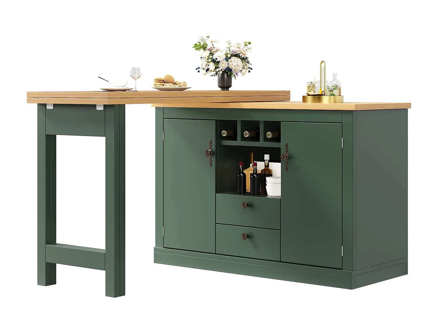 Uitschuifbare bartafel - 120/180 x 76 cm - met LED-verlichting + 2 deuren + 2 lades - 360° draaibaar - MDF - groen