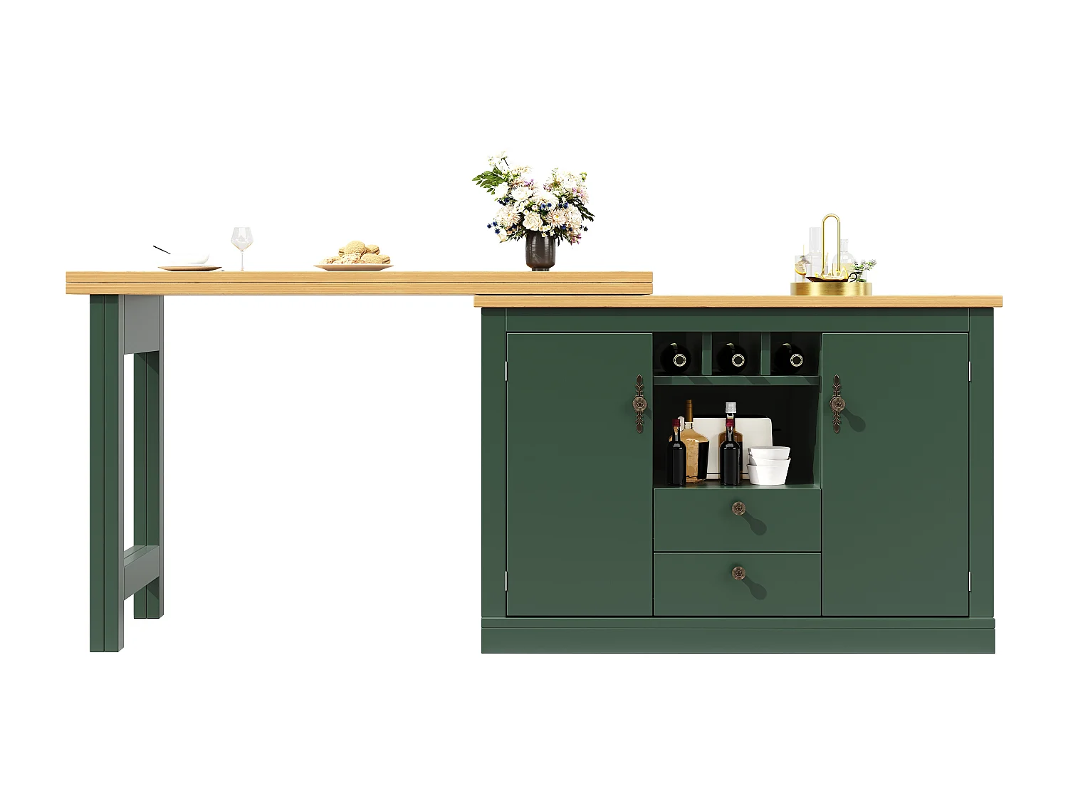 Uitschuifbare bartafel - 120/180 x 76 cm - met LED-verlichting + 2 deuren + 2 lades - 360° draaibaar - MDF - groen