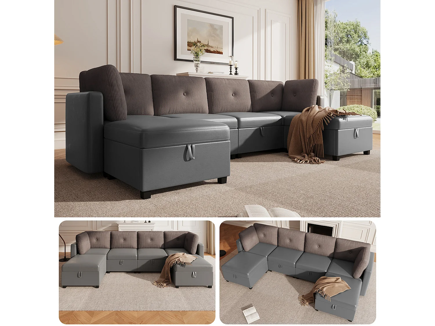 Canapé d'angle modulable 6 places - 261 x 132.5 x 85 cm - avec repose-pieds de rangement + coussins - velours - gris