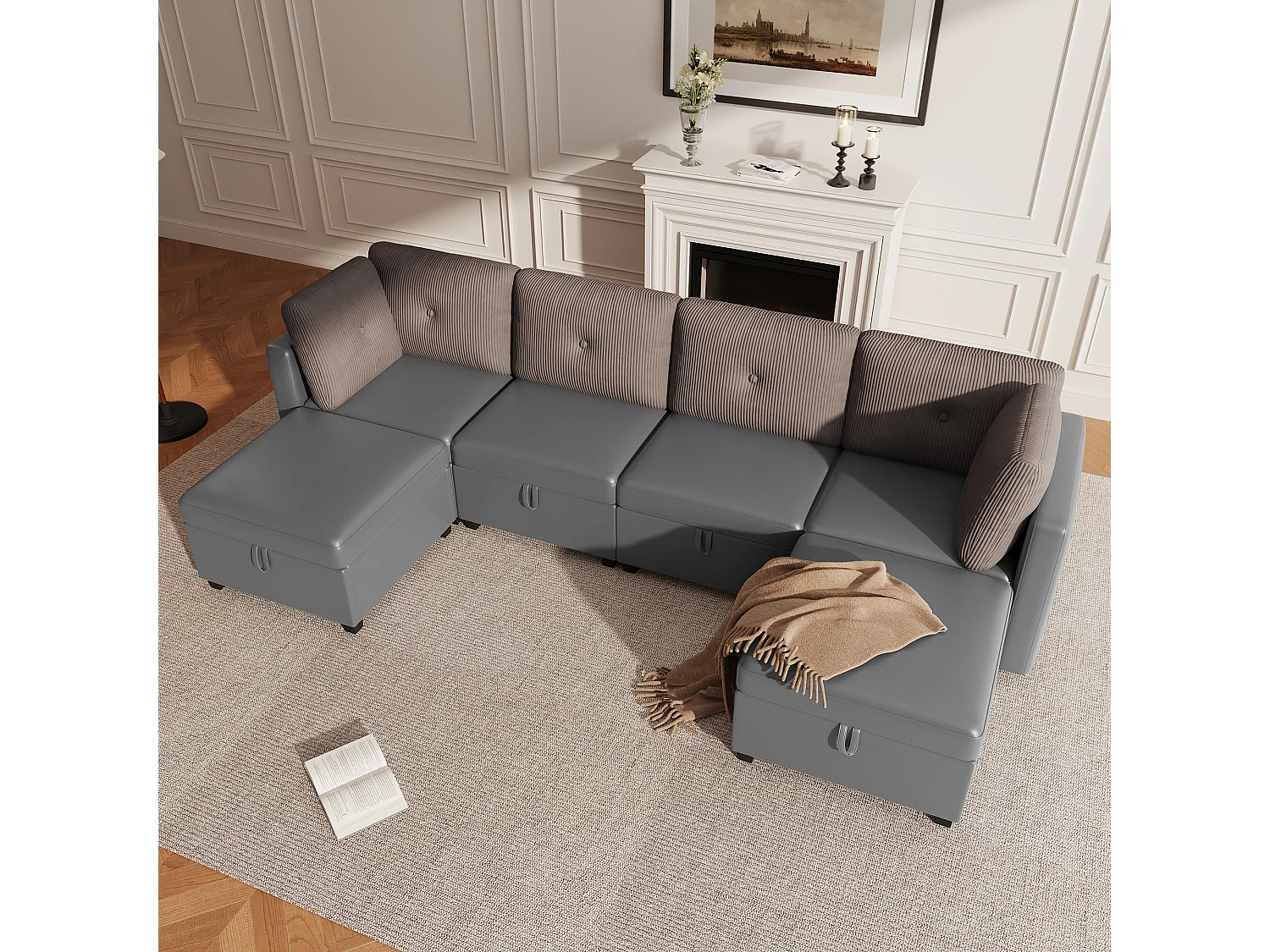 Canapé d'angle modulable 6 places - 261 x 132.5 x 85 cm - avec repose-pieds de rangement + coussins - velours - gris