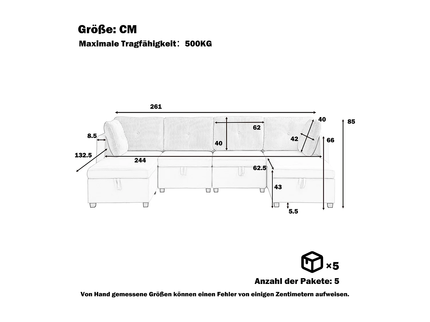 Canapé d'angle modulable 6 places - 261 x 132.5 x 85 cm - avec repose-pieds de rangement + coussins - velours - gris