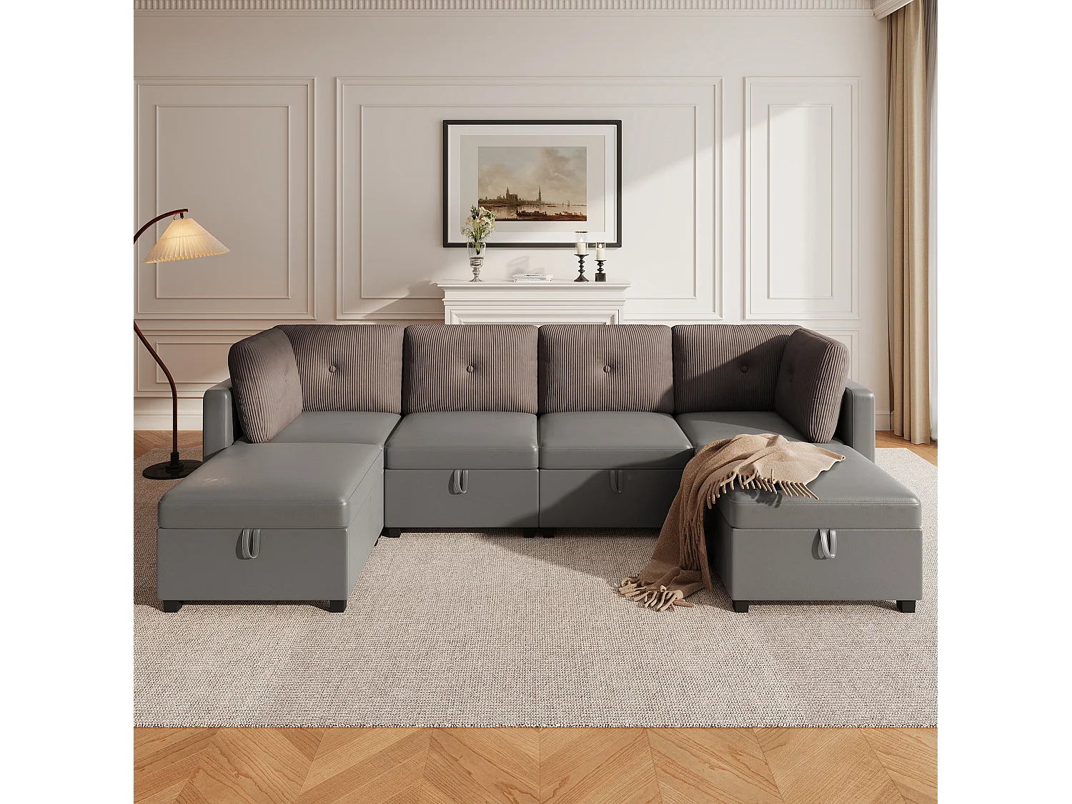 Canapé d'angle modulable 6 places - 261 x 132.5 x 85 cm - avec repose-pieds de rangement + coussins - velours - gris