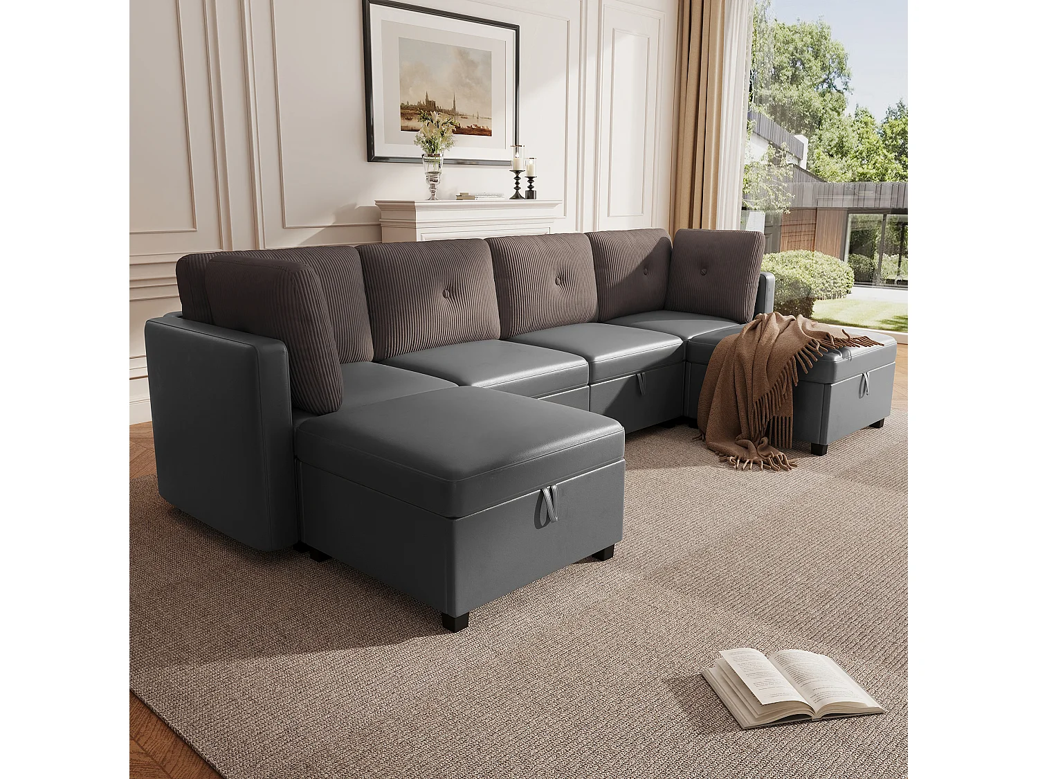 Canapé d'angle modulable 6 places - 261 x 132.5 x 85 cm - avec repose-pieds de rangement + coussins - velours - gris