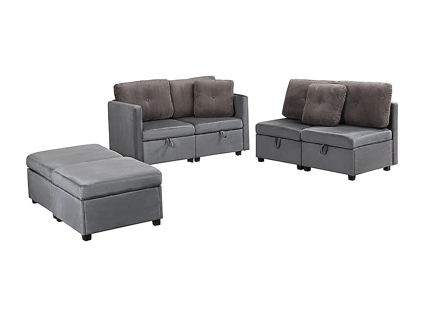 Canapé d'angle modulable 6 places - 261 x 132.5 x 85 cm - avec repose-pieds de rangement + coussins - velours - gris