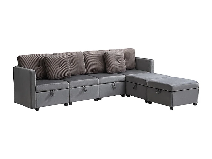 Canapé d'angle modulable 6 places - 261 x 132.5 x 85 cm - avec repose-pieds de rangement + coussins - velours - gris