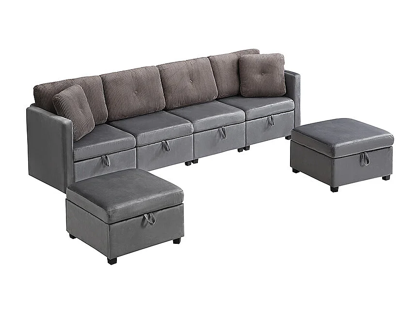 Canapé d'angle modulable 6 places - 261 x 132.5 x 85 cm - avec repose-pieds de rangement + coussins - velours - gris