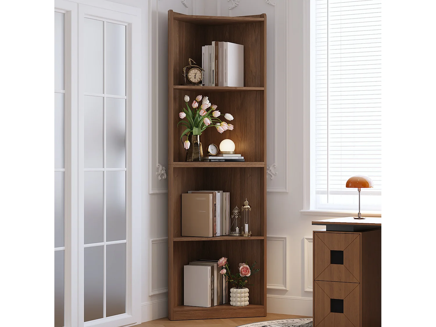 Eckregal fürs Wohnzimmer – 55 x 32 x 180 cm – Walnussoptik – MDF – braun