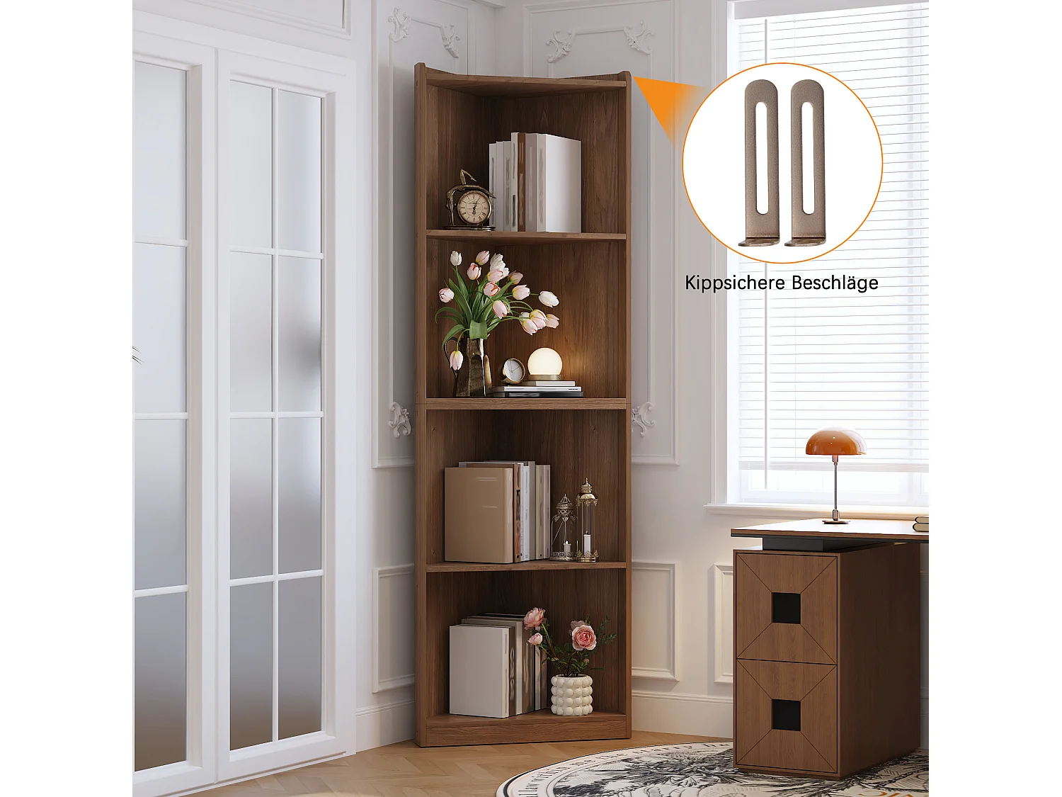 Eckregal fürs Wohnzimmer – 55 x 32 x 180 cm – Walnussoptik – MDF – braun