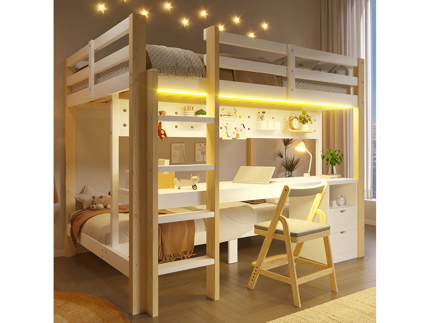 Lit superposé enfamt - 90 x 200 cm + 140 x 200 cm - avec Leds + bureau + tiroirs - bois - naturel + blanc