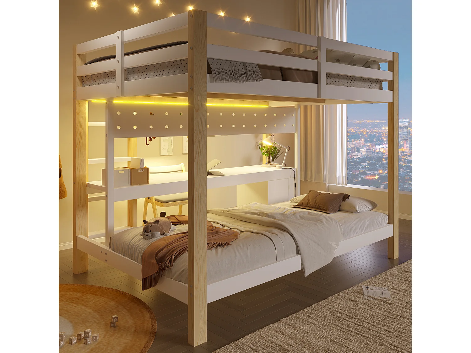 Lit superposé enfamt - 90 x 200 cm + 140 x 200 cm - avec Leds + bureau + tiroirs - bois - naturel + blanc