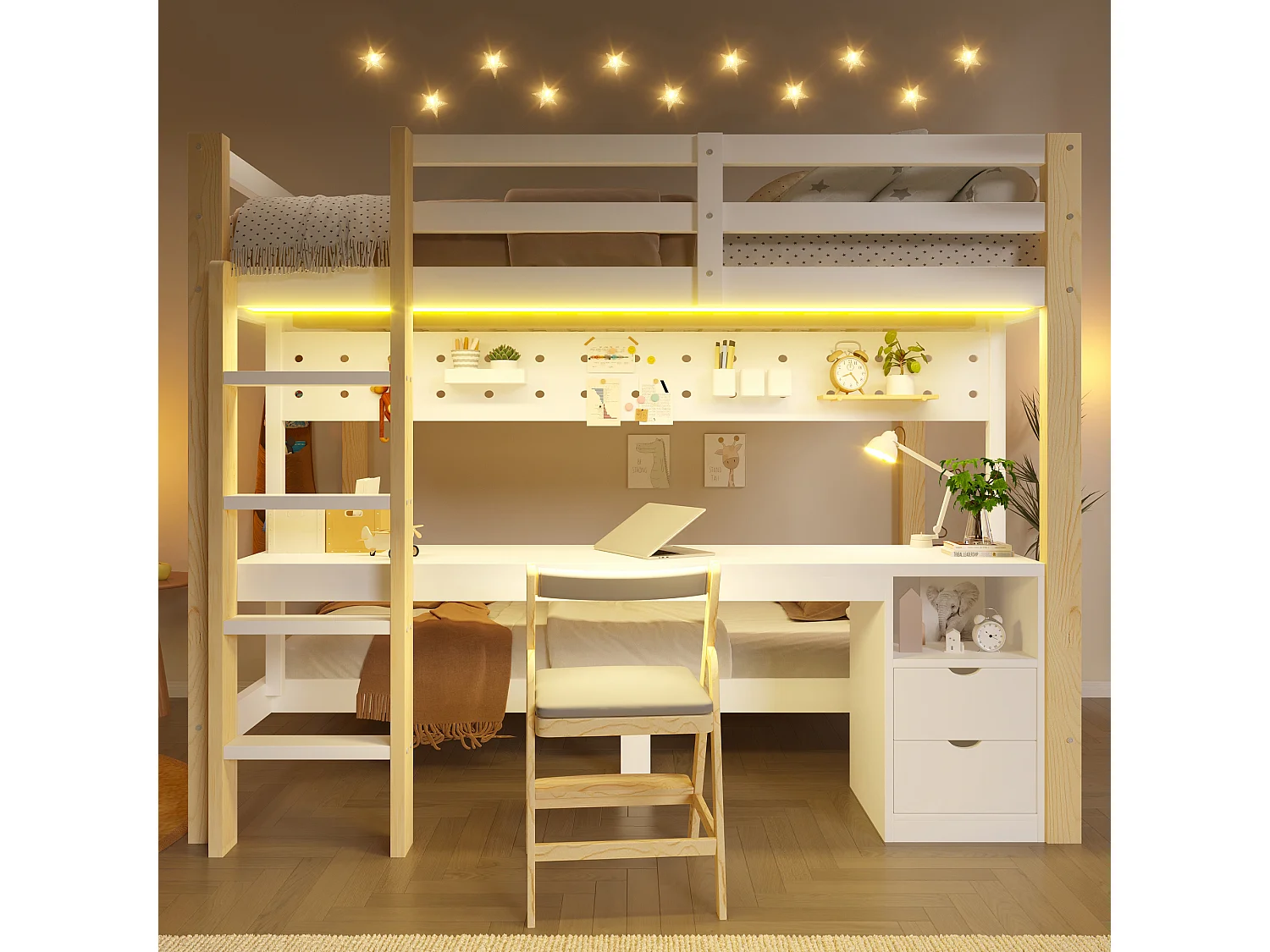 Lit superposé enfamt - 90 x 200 cm + 140 x 200 cm - avec Leds + bureau + tiroirs - bois - naturel + blanc