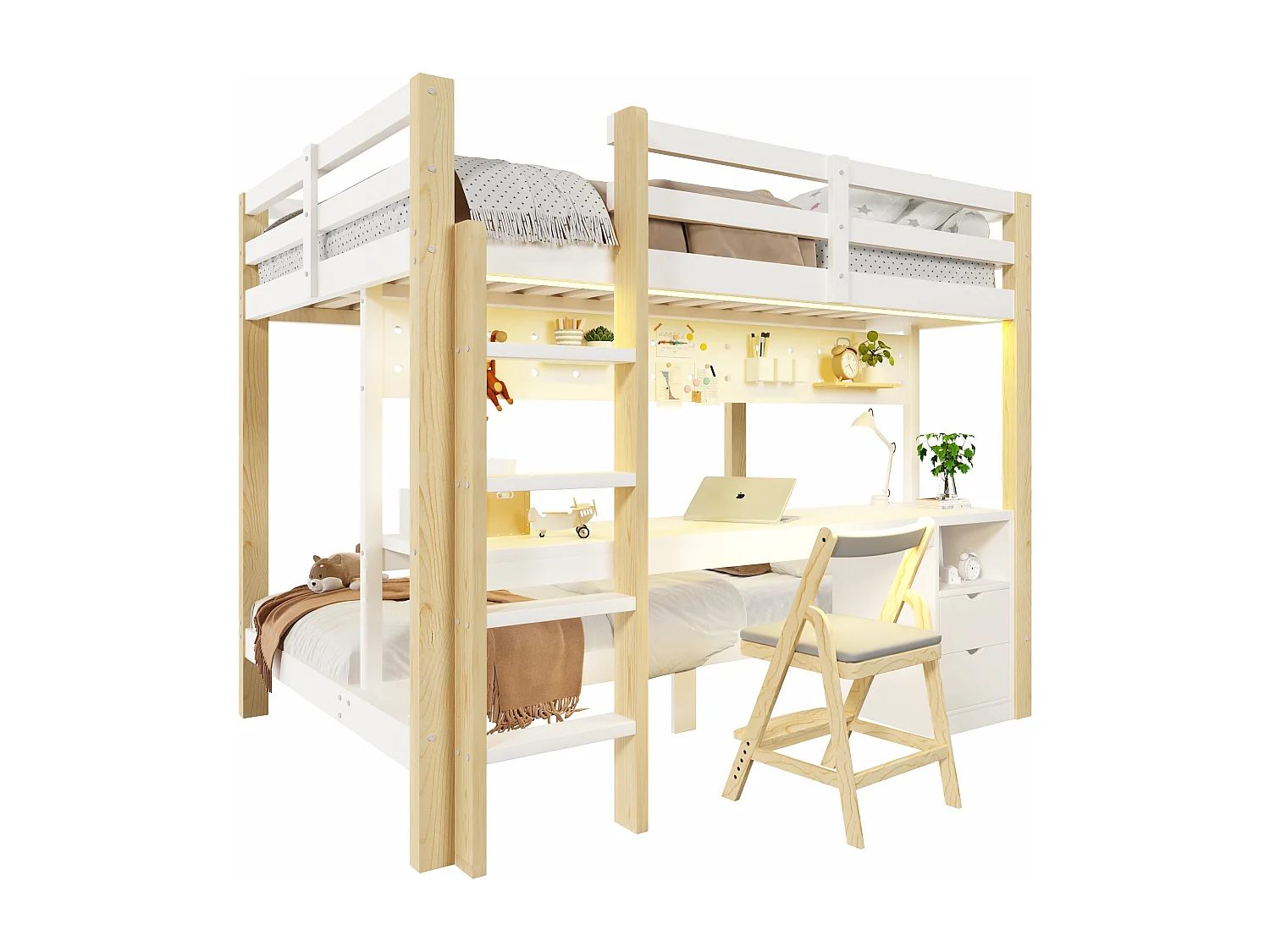 Lit superposé enfamt - 90 x 200 cm + 140 x 200 cm - avec Leds + bureau + tiroirs - bois - naturel + blanc
