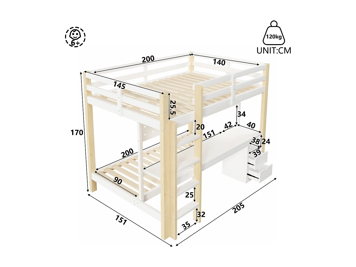 Lit superposé enfamt - 90 x 200 cm + 140 x 200 cm - avec Leds + bureau + tiroirs - bois - naturel + blanc
