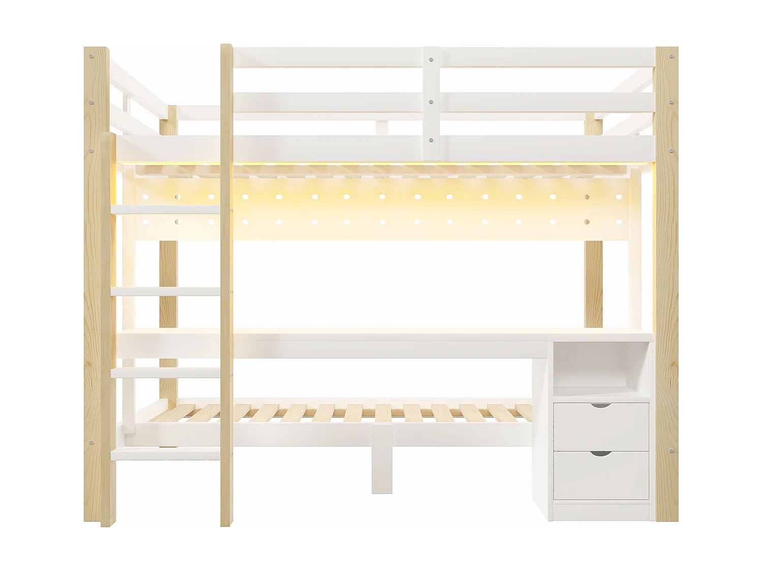 Lit superposé enfamt - 90 x 200 cm + 140 x 200 cm - avec Leds + bureau + tiroirs - bois - naturel + blanc