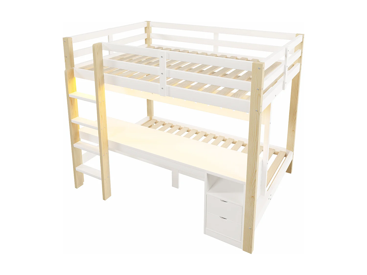 Lit superposé enfamt - 90 x 200 cm + 140 x 200 cm - avec Leds + bureau + tiroirs - bois - naturel + blanc