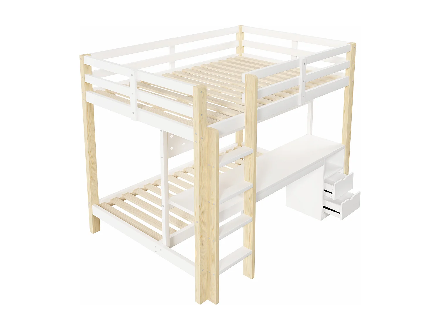 Lit superposé enfamt - 90 x 200 cm + 140 x 200 cm - avec Leds + bureau + tiroirs - bois - naturel + blanc