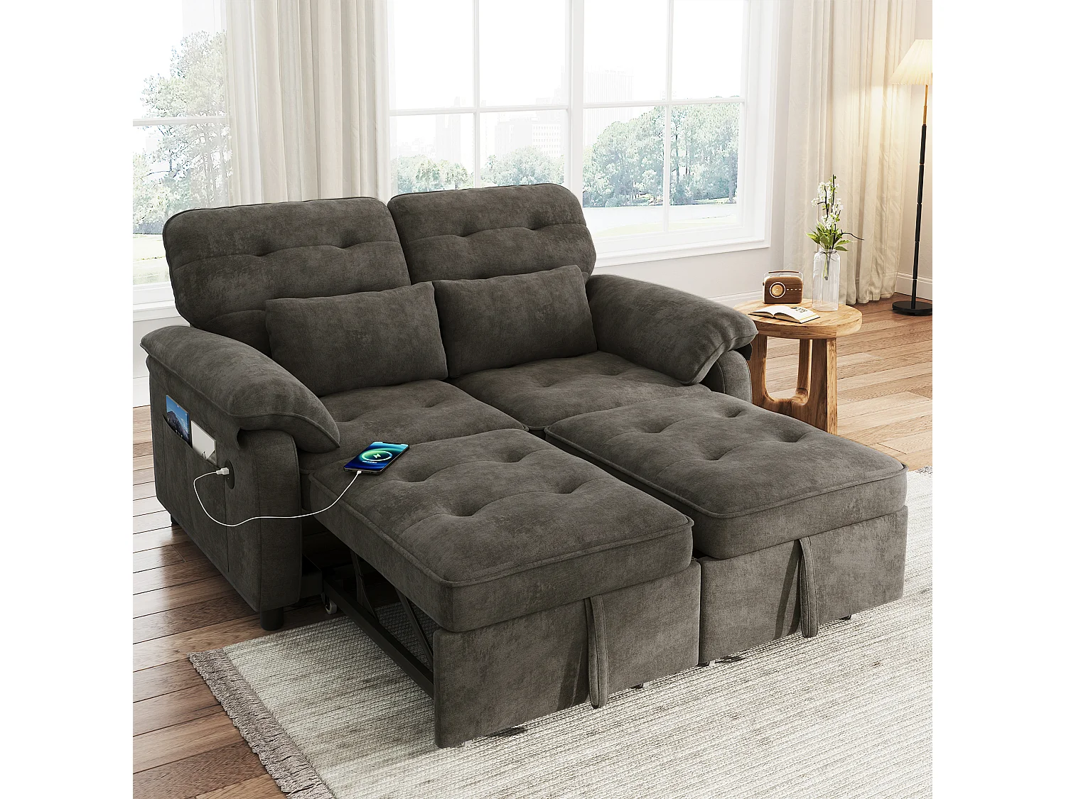 Canapé convertible 2 places 3 en 1 - 142 x 90 x 86.5 cm - avec dossier réglable +  USB + 2 coussins - chenille -  gris