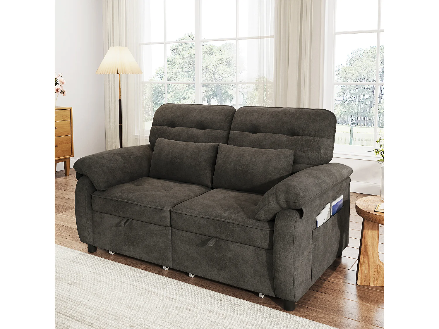 Canapé convertible 2 places 3 en 1 - 142 x 90 x 86.5 cm - avec dossier réglable +  USB + 2 coussins - chenille -  gris