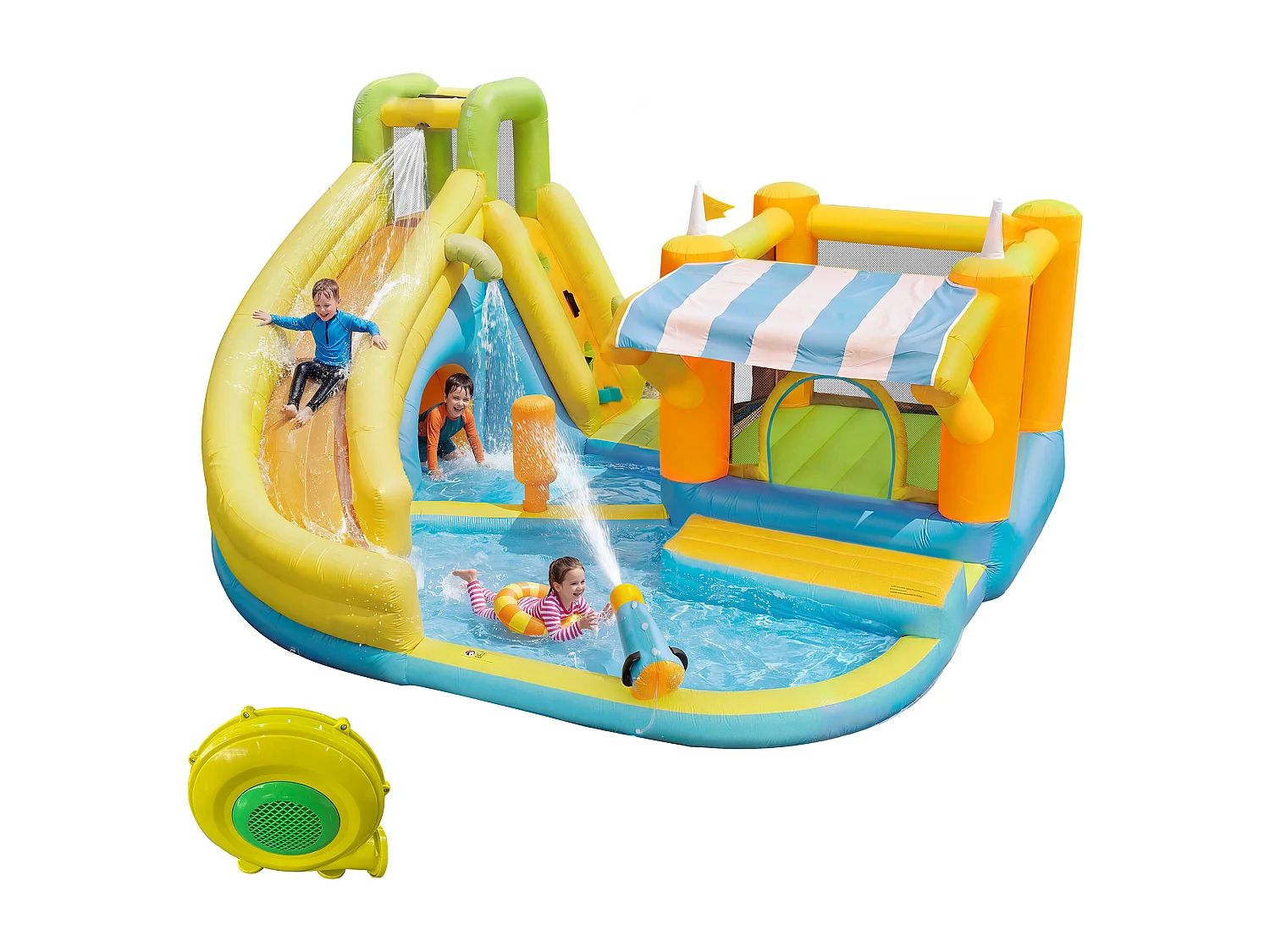 Château gonflable pour enfants（3-10 ans) 4 places - 433 x 375 x 165 cm - avec toboggan + piscine + souffleur - Oxford - Multicolore
