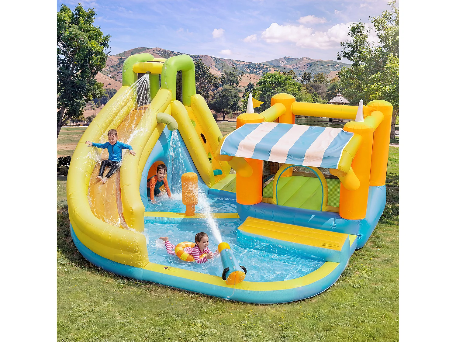 Château gonflable pour enfants（3-10 ans) 4 places - 433 x 375 x 165 cm - avec toboggan + piscine + souffleur - Oxford - Multicolore