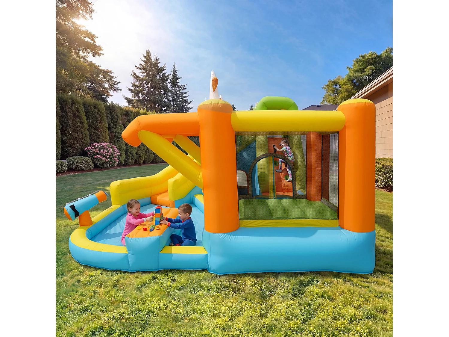 Château gonflable pour enfants（3-10 ans) 4 places - 433 x 375 x 165 cm - avec toboggan + piscine + souffleur - Oxford - Multicolore
