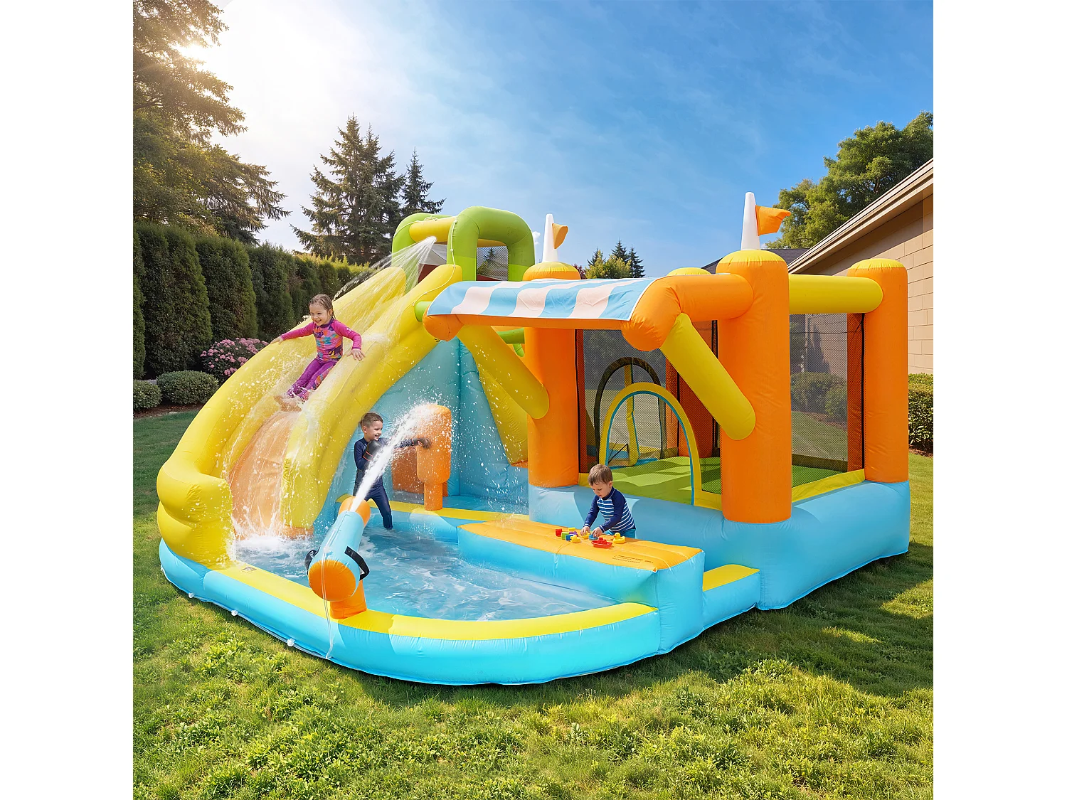 Château gonflable pour enfants（3-10 ans) 4 places - 433 x 375 x 165 cm - avec toboggan + piscine + souffleur - Oxford - Multicolore